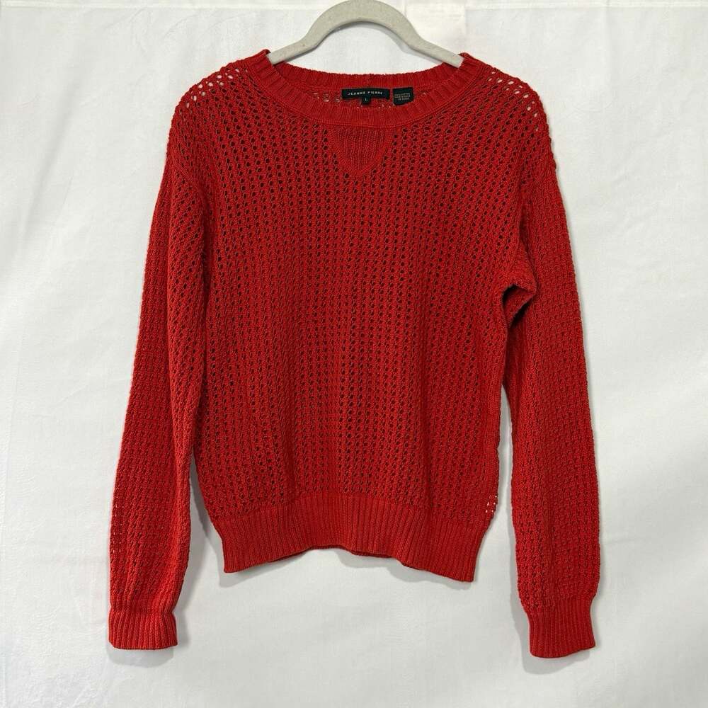 Jeanne Pierre Women’s Red Open-Knit Cotton Crewneck Pullover Sweater Size L